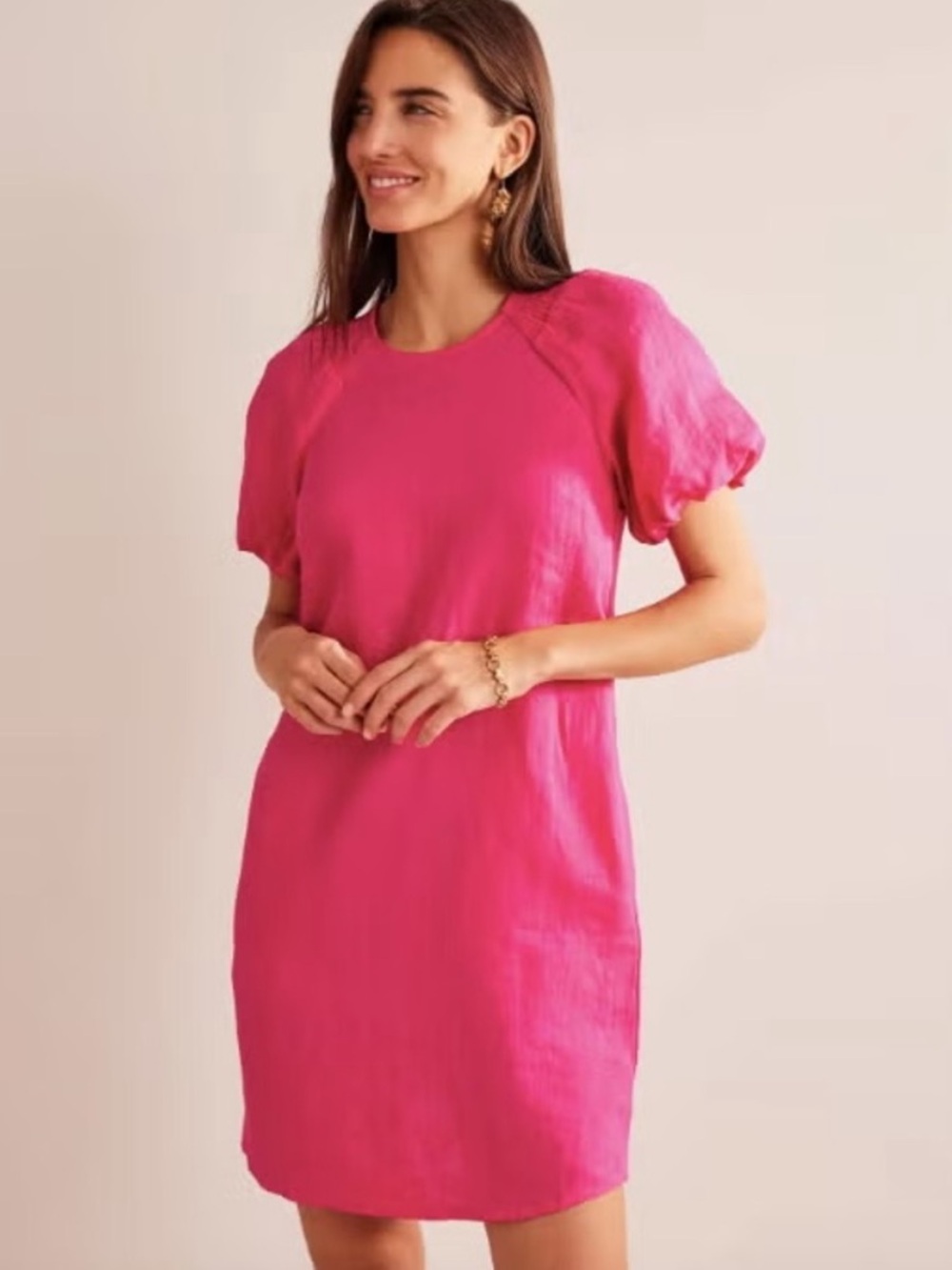 Boden 100% Linen Hot Pink Puff Short Sleeve Mini Dress 14 Long - Picture 3 of 17